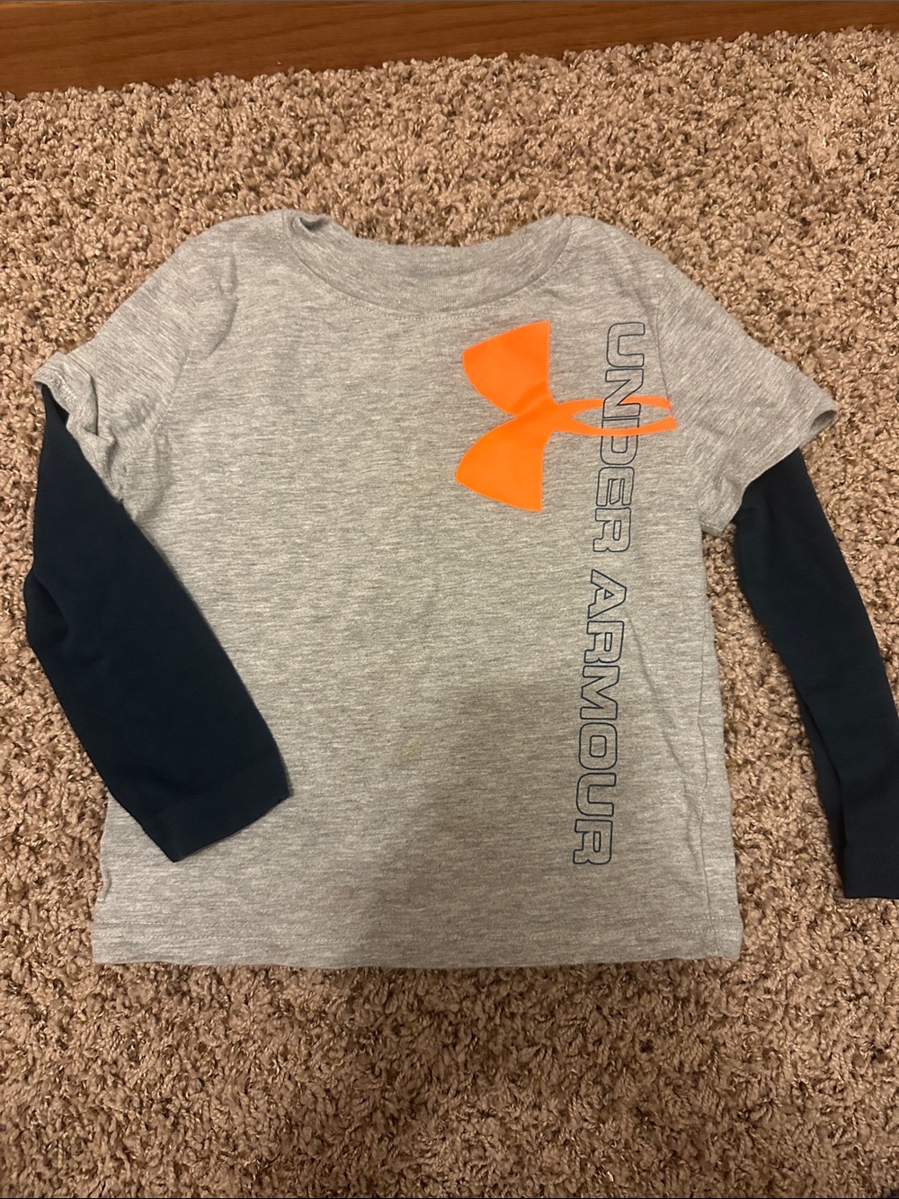 Under Armour Grey Long Sleeve Layered-Look Tee with Orange Logo and Navy Sleeves